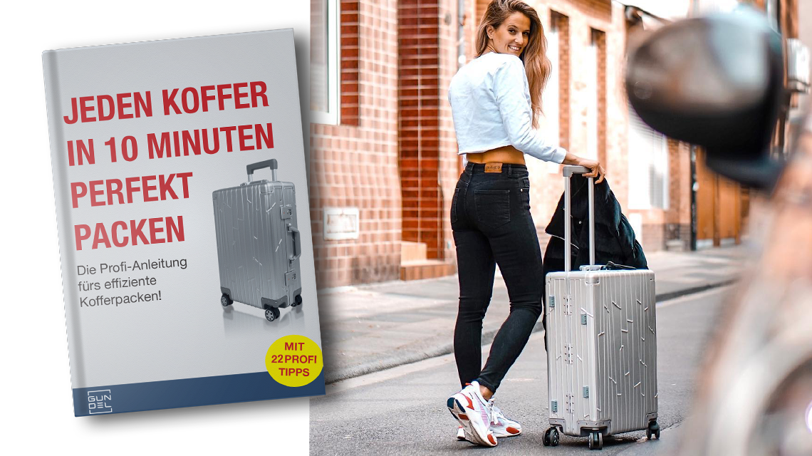 Frau mit silbernem GUNDEL-Koffer in der Stadt, daneben ein Buchcover mit Packtipps.