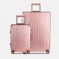 Preview: Zwei GUNDEL Koffer in rosegold in Frontansicht mit Linienmuster und Teleskopgriffen - stehen nebeneinander vor weißem Hintergrund.