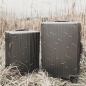 Preview: Zwei graue GUNDEL Koffer mit Linienmuster stehen in einem Feld mit trockenem Gras.