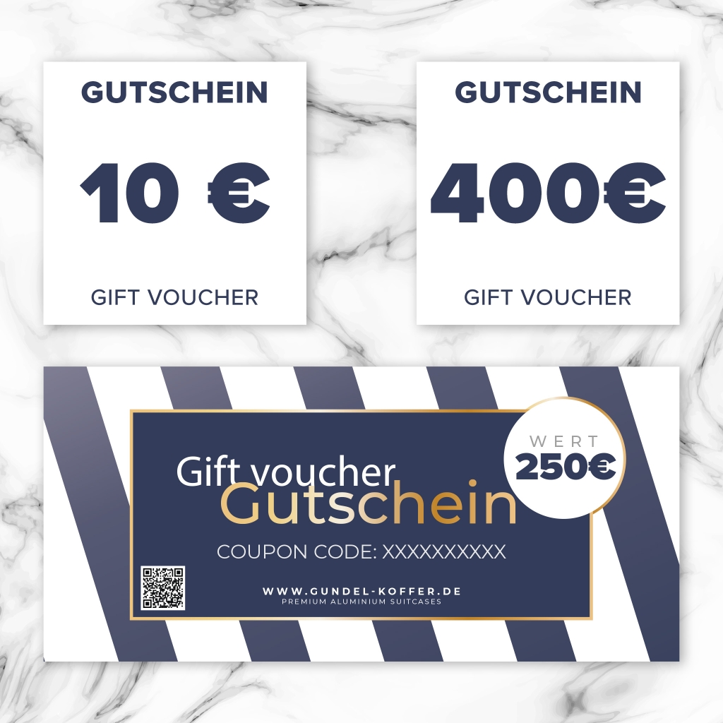 Digital gift voucher featuring a sleek blue and gold design, showcasing customizable value and redeemable details for a special occasion