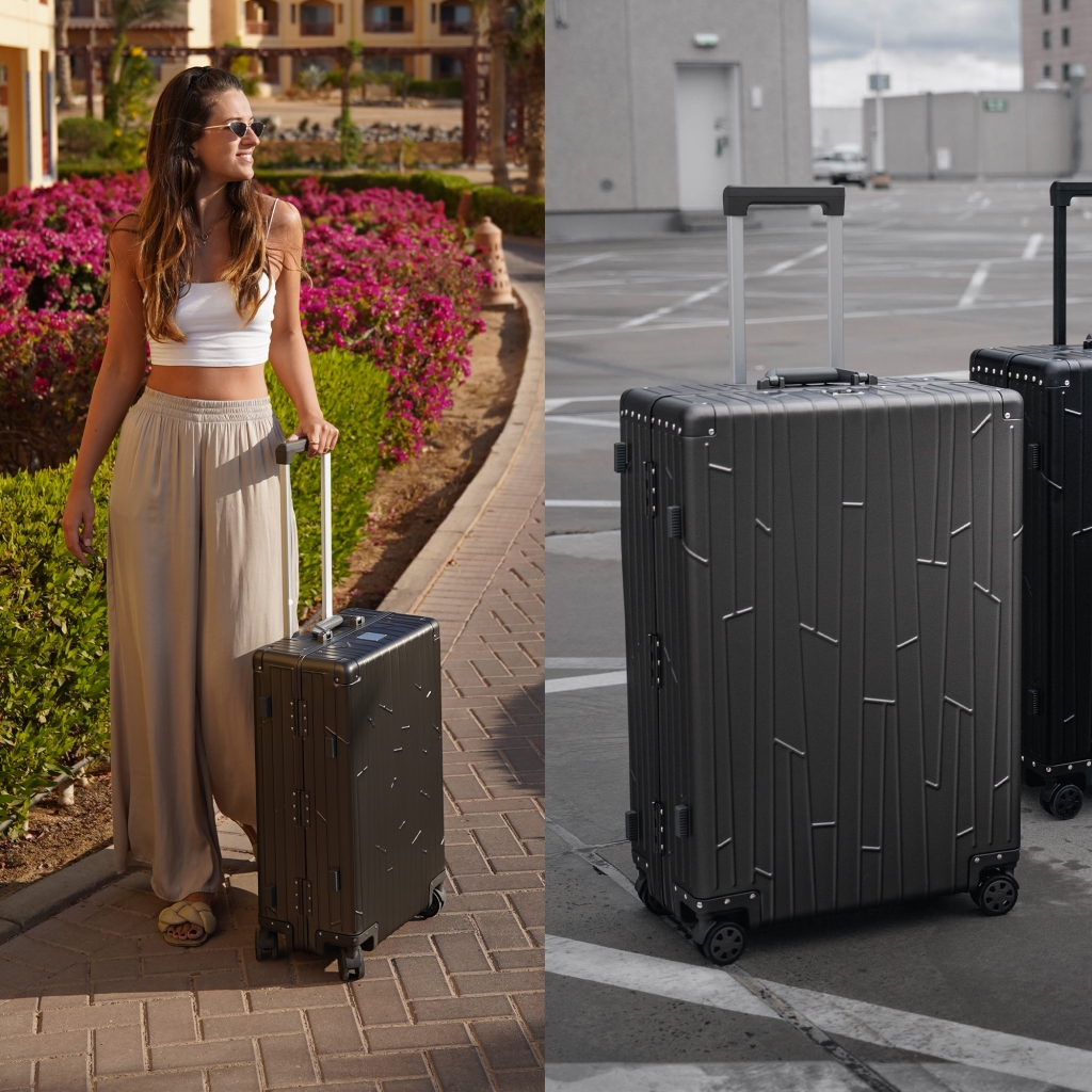 Preview: Zwei GUNDEL Koffer in spacegrau, schräg stehend, mit Linienmuster, Teleskopgriffen und TSA-Schlössern vor weißem Hintergrund.