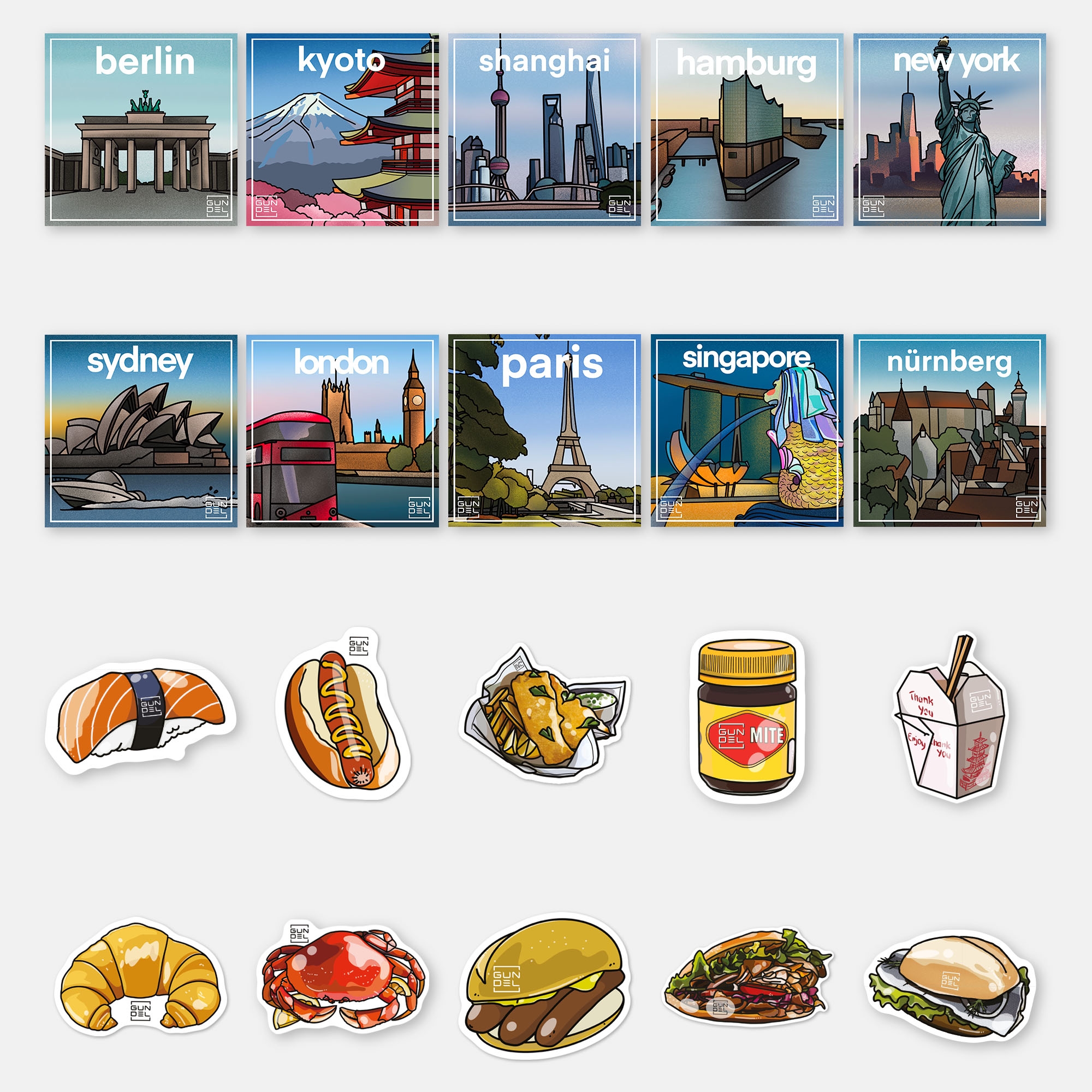 Gundel Koffer - Sticker-Set Food & Cities (20x Stickers)