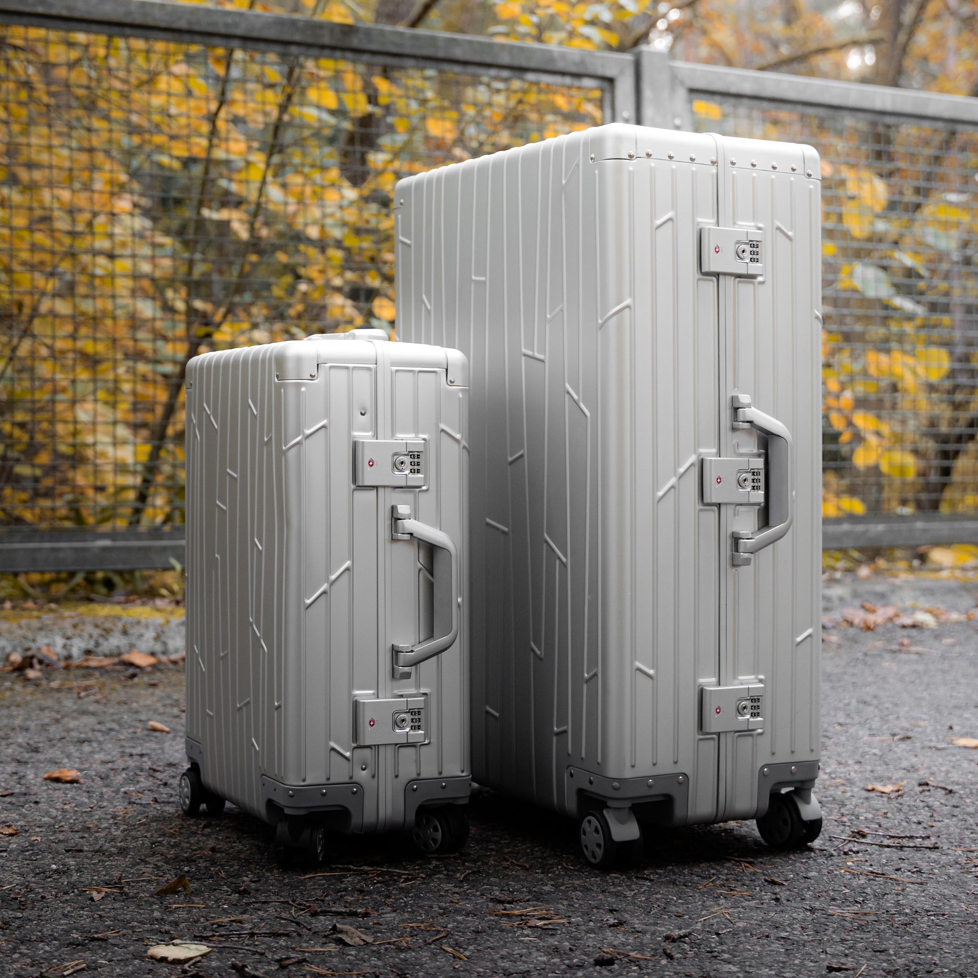 Zwei GUNDEL Koffer in silber auf einem gepflasterten Weg mit Grün im Hintergrund.