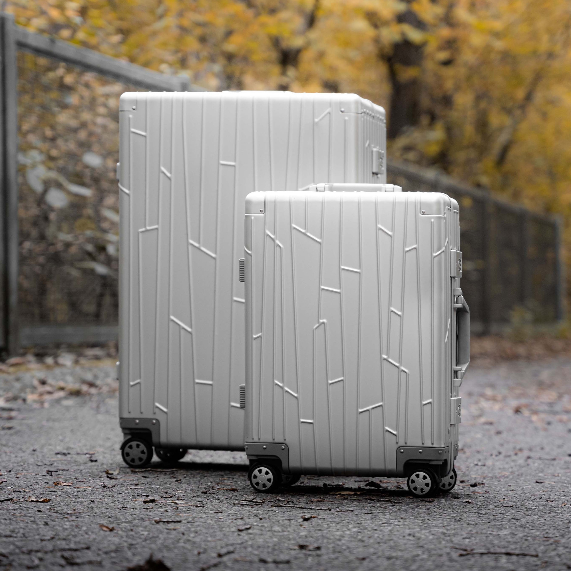 Zwei GUNDEL Koffer in silber auf einem gepflasterten Weg mit Grün im Hintergrund.