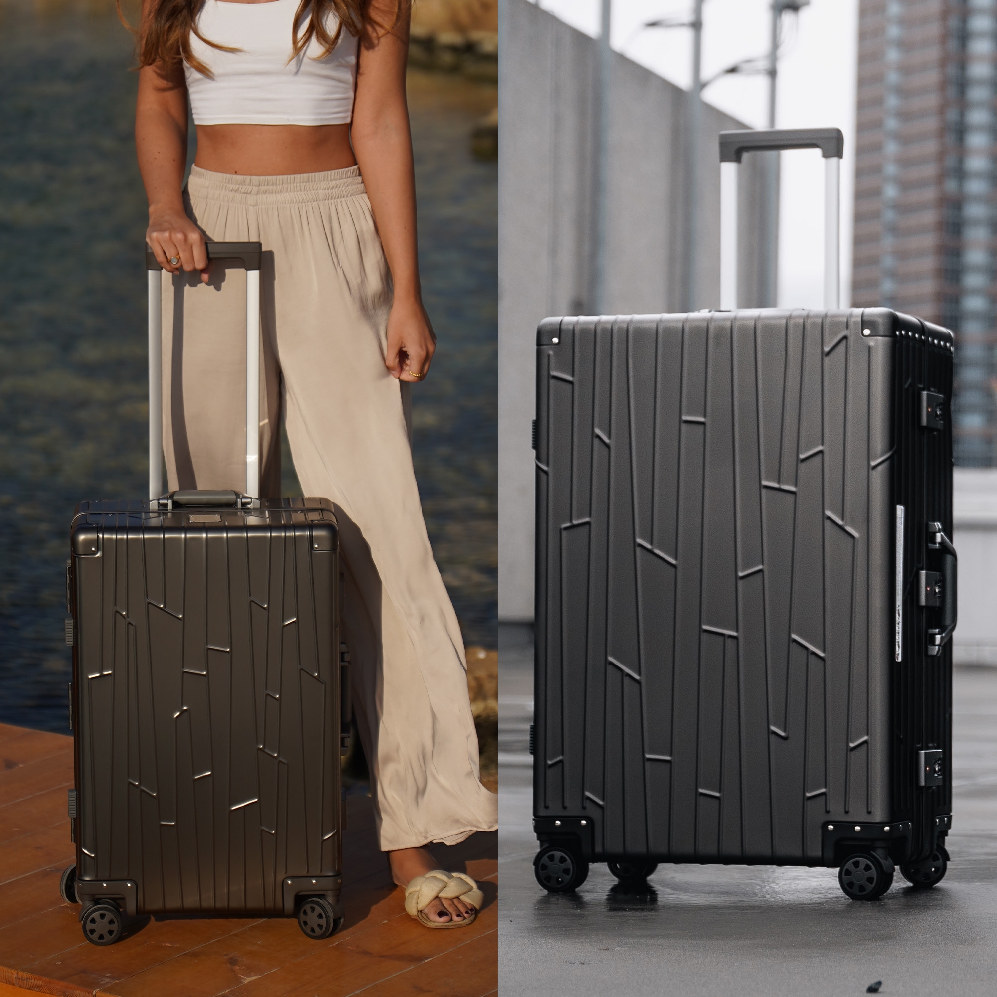 Zwei GUNDEL Koffer in spacegrau, schräg stehend, mit Linienmuster, Teleskopgriffen und TSA-Schlössern vor weißem Hintergrund.