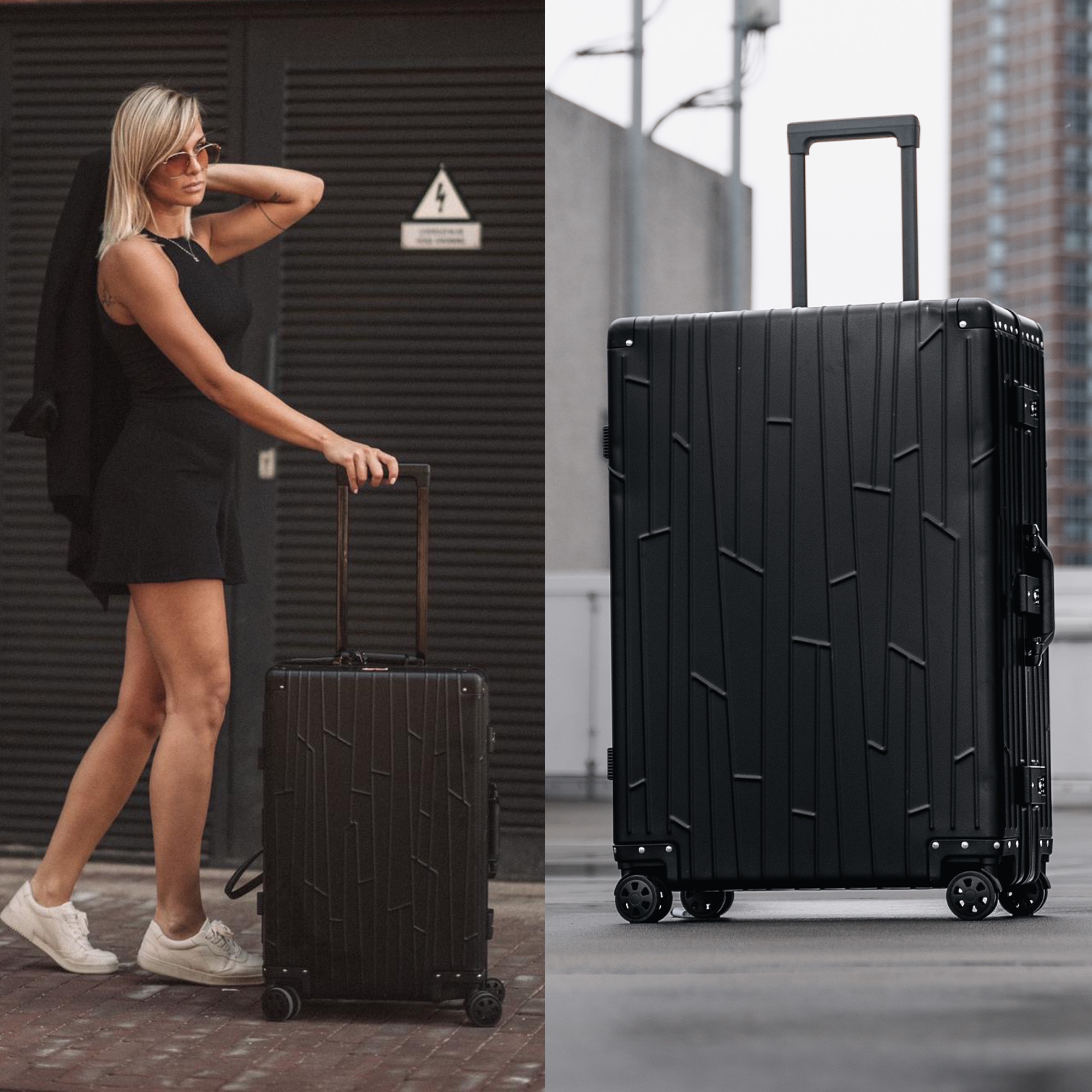 Zwei GUNDEL Koffer in schwarz, schräg stehend, mit Linienmuster, Teleskopgriffen und TSA-Schlössern vor weißem Hintergrund.