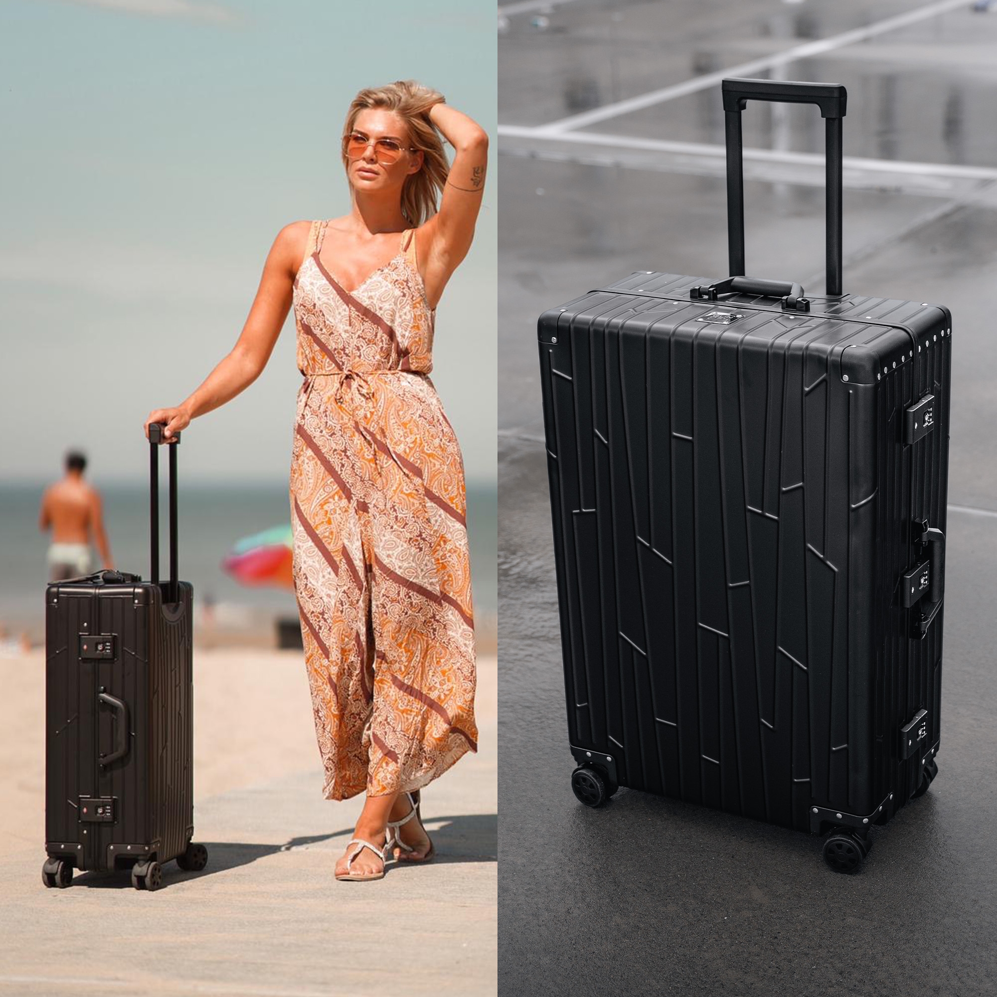 Zwei GUNDEL Koffer in schwarz, schräg stehend, mit Linienmuster, Teleskopgriffen und TSA-Schlössern vor weißem Hintergrund.