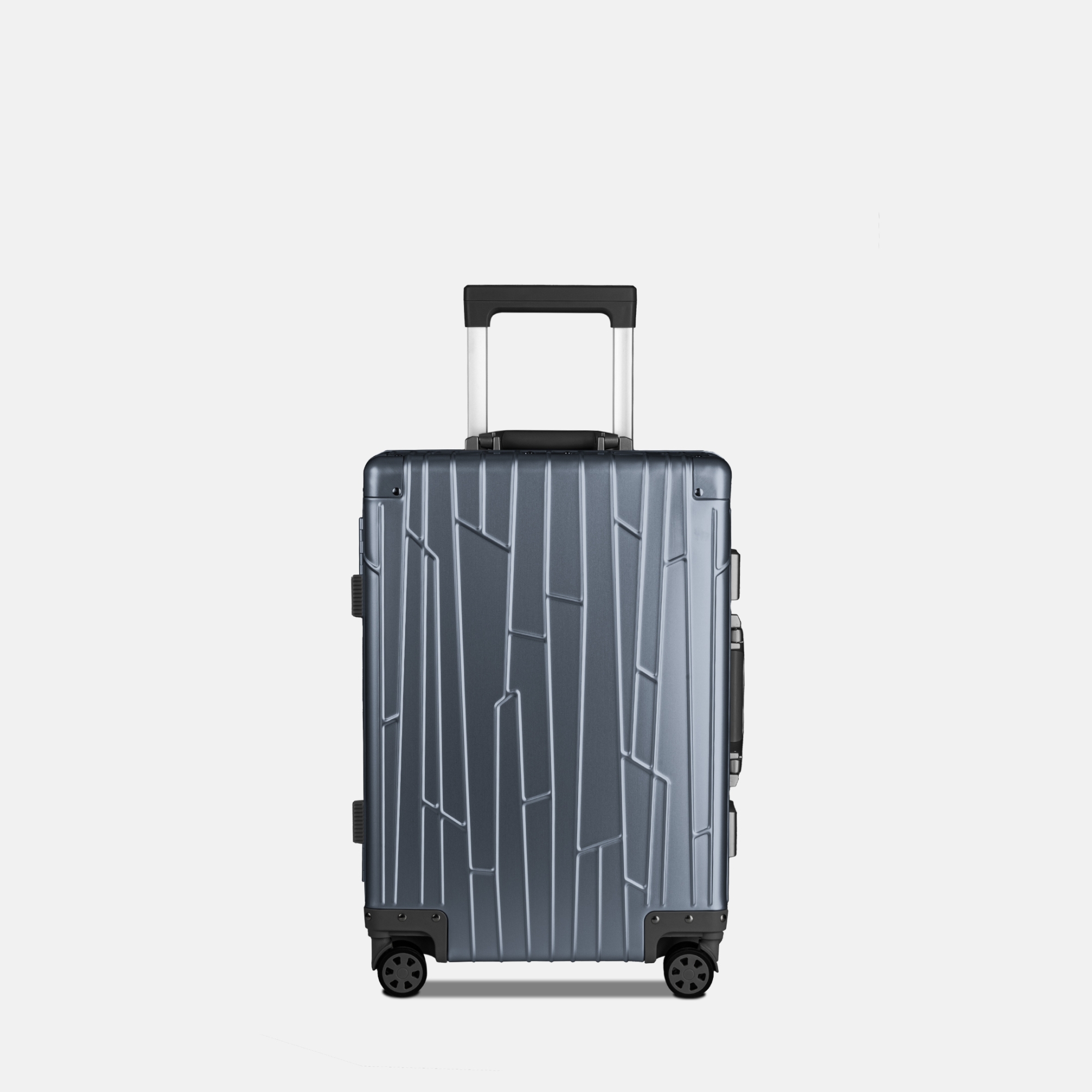 GUNDEL Aluminiumkoffer in Blau Grau in Frontansicht mit Linienmuster, Teleskopgriff und vier Rollen.