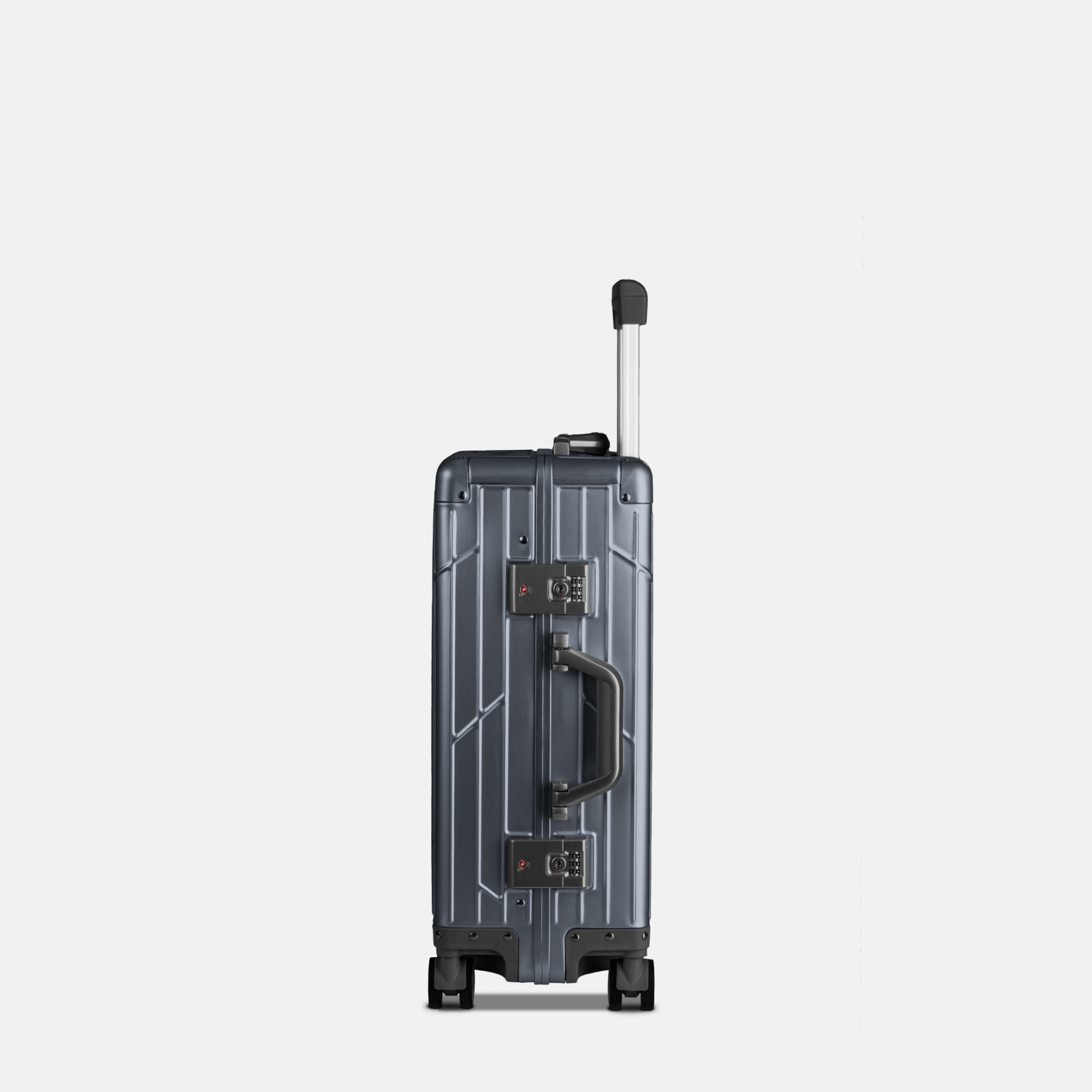 Rückansicht GUNDEL Aluminiumkoffer in Blau Grau mit Linienmuster, Teleskopgriff und vier Rollen.